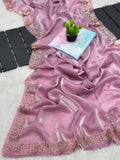 Blush Pink Tissue Saree with Hand-Beaded Border and Sybori Print Blouse
