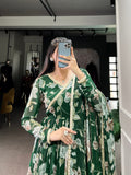 Emerald Green Floral Printed Marble Gown with Lace Detailing & Dupatta