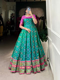 Turquoise Jacquard Silk Gown with Patola Print & Zari Weaving Work
