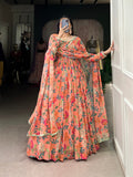 Peach Floral Printed Georgette Gown Set with Dupatta