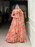 Peach Floral Printed Georgette Gown Set with Dupatta