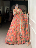Peach Floral Printed Georgette Gown Set with Dupatta