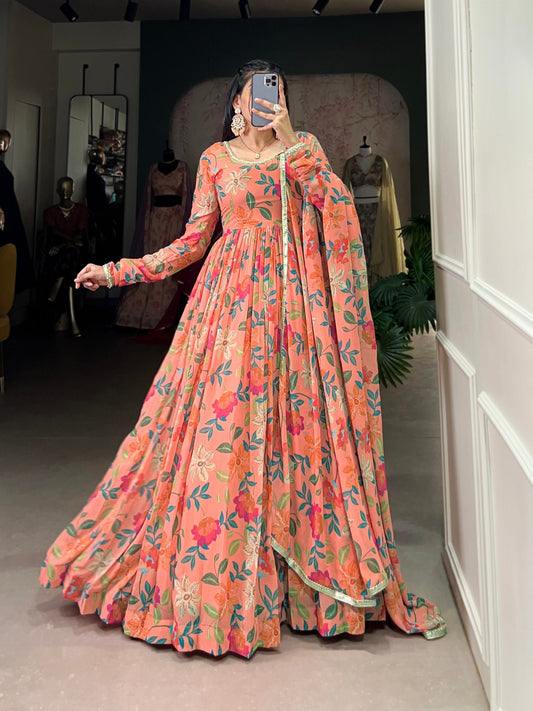 Peach Floral Printed Georgette Gown Set with Dupatta
