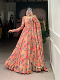 Peach Floral Printed Georgette Gown Set with Dupatta