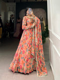 Peach Floral Printed Georgette Gown Set with Dupatta