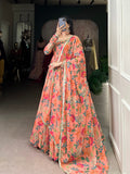 Peach Floral Printed Georgette Gown Set with Dupatta