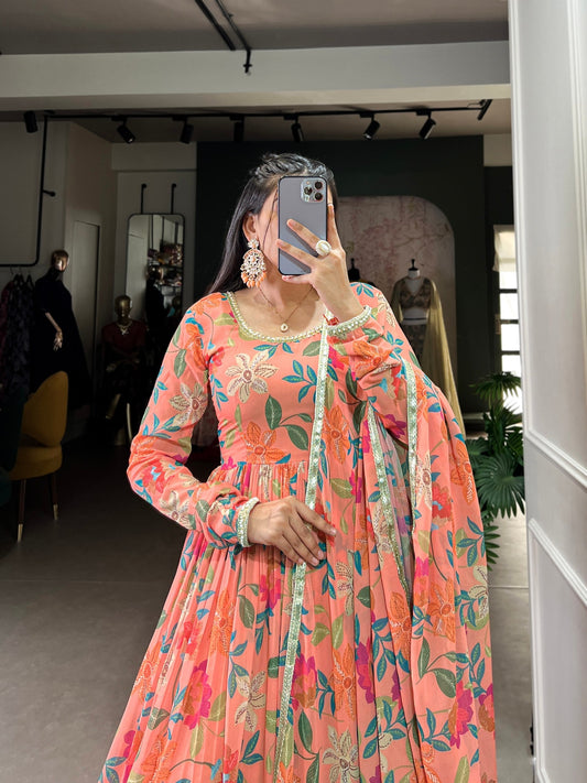 Peach Floral Printed Georgette Gown Set with Dupatta