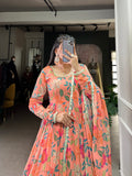 Peach Floral Printed Georgette Gown Set with Dupatta