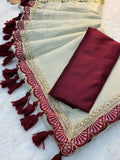 Ivory Tissue Soft Saree with Maroon Lace and Handmade Tassels
