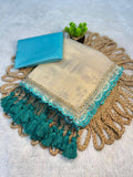 Golden Tissue Soft Saree with Aqua Blue Lace and Handmade Tassels