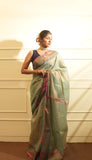 Rama Green with Temple Border Tissue Saree