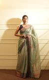 Rama Green with Temple Border Tissue Saree