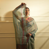 Rama Green with Temple Border Tissue Saree