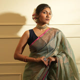 Rama Green with Temple Border Tissue Saree
