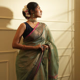 Rama Green with Temple Border Tissue Saree