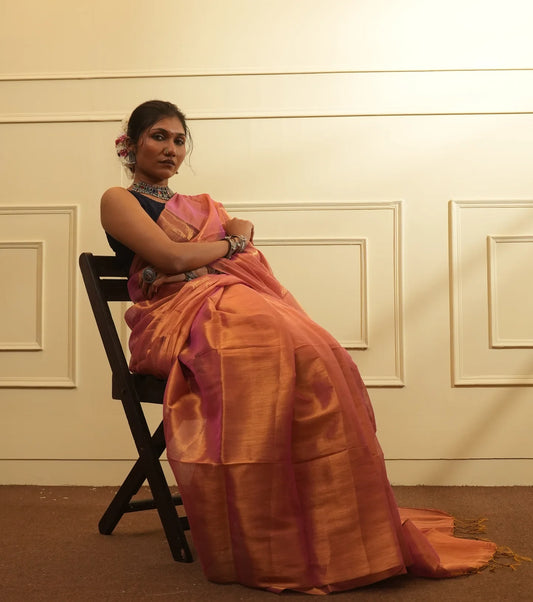 Rose Pink With Golden Dual Tone Raga Tissue Saree