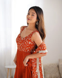Rust Orange Heavy Pure Soft Fox Georgette Anarkali Set with Dupatta – 12 Meter Flair, Embroidery & Thread Work