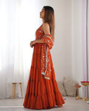 Rust Orange Heavy Pure Soft Fox Georgette Anarkali Set with Dupatta – 12 Meter Flair, Embroidery & Thread Work