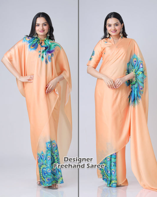 Peach Bliss Designer Freehand Peacock Print Saree in Georgette Satin – Ready to Wear
