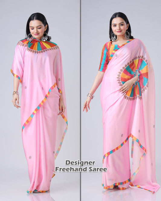 Pink Multi-Color Freehand Designer Saree in Georgette Satin – Vibrant Festive Wear