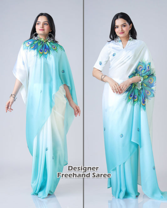 Elegant Sky Blue & White Peacock Feather Print Freehand Saree in Georgette Satin – Ready to Wear