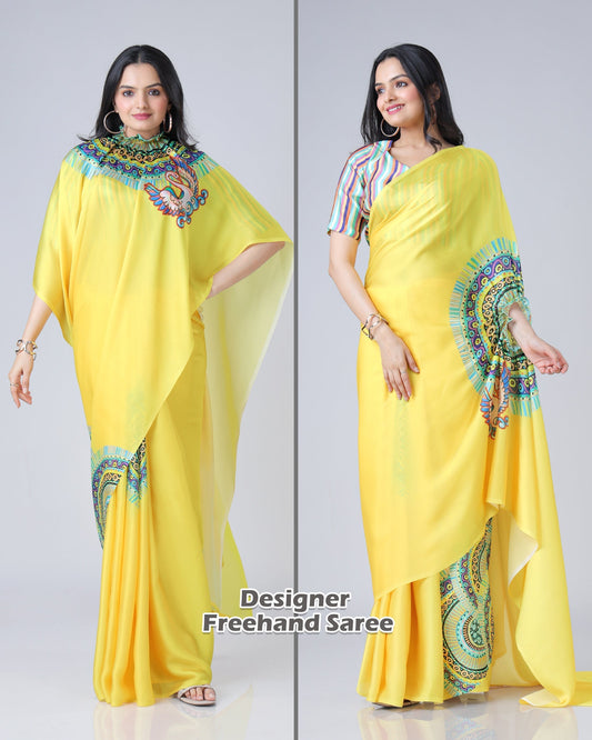 Sunshine Yellow Designer Freehand Swan Print Saree in Georgette Satin – Ready to Wear
