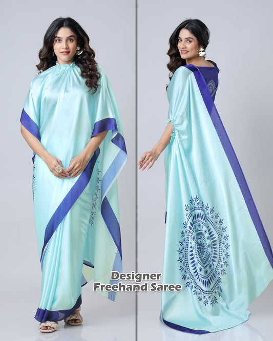 Aqua Blue & Navy Mandala Print Freehand Georgette Satin Saree – Elegant Designer Drape with Ready-to-Wear Finish