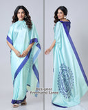 Aqua Blue & Navy Mandala Print Freehand Georgette Satin Saree – Elegant Designer Drape with Ready-to-Wear Finish