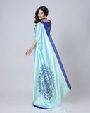 Aqua Blue & Navy Mandala Print Freehand Georgette Satin Saree – Elegant Designer Drape with Ready-to-Wear Finish