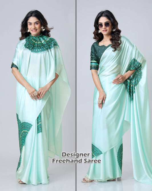 Mint Green Designer Freehand Mandala Print Saree in Georgette Satin – Elegant Ready-to-Wear Drape