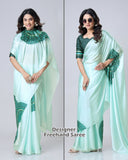 Mint Green Designer Freehand Mandala Print Saree in Georgette Satin – Elegant Ready-to-Wear Drape