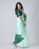 Mint Green Designer Freehand Mandala Print Saree in Georgette Satin – Elegant Ready-to-Wear Drape