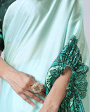 Mint Green Designer Freehand Mandala Print Saree in Georgette Satin – Elegant Ready-to-Wear Drape