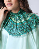 Mint Green Designer Freehand Mandala Print Saree in Georgette Satin – Elegant Ready-to-Wear Drape