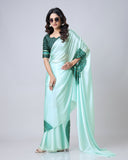 Mint Green Designer Freehand Mandala Print Saree in Georgette Satin – Elegant Ready-to-Wear Drape