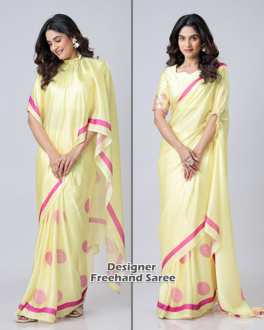 Yellow Georgette Satin Saree with Pink Mandala Freehand Print & Designer Border – Ready to Wear Elegance