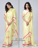 Yellow Georgette Satin Saree with Pink Mandala Freehand Print & Designer Border – Ready to Wear Elegance