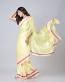 Yellow Georgette Satin Saree with Pink Mandala Freehand Print & Designer Border – Ready to Wear Elegance