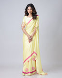 Yellow Georgette Satin Saree with Pink Mandala Freehand Print & Designer Border – Ready to Wear Elegance