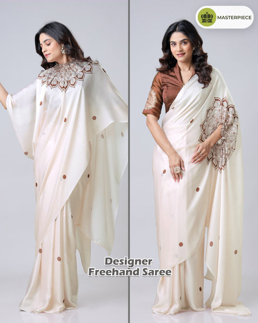 Ivory Georgette Satin Ready-to-Wear Saree with Mandala Freehand Print & Polka Dot Detailing
