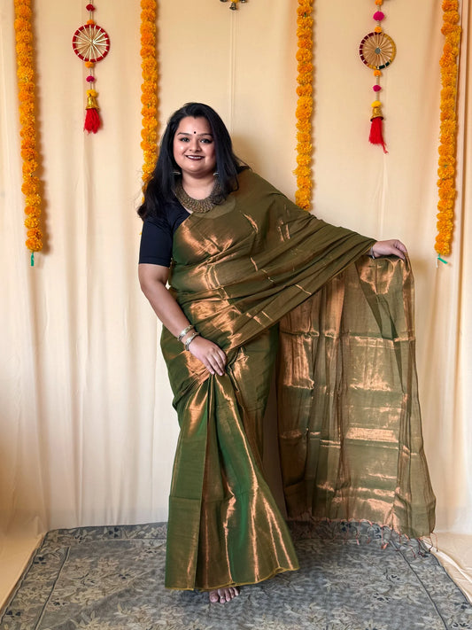 mehendi green with copper dual tone raga tissue saree
