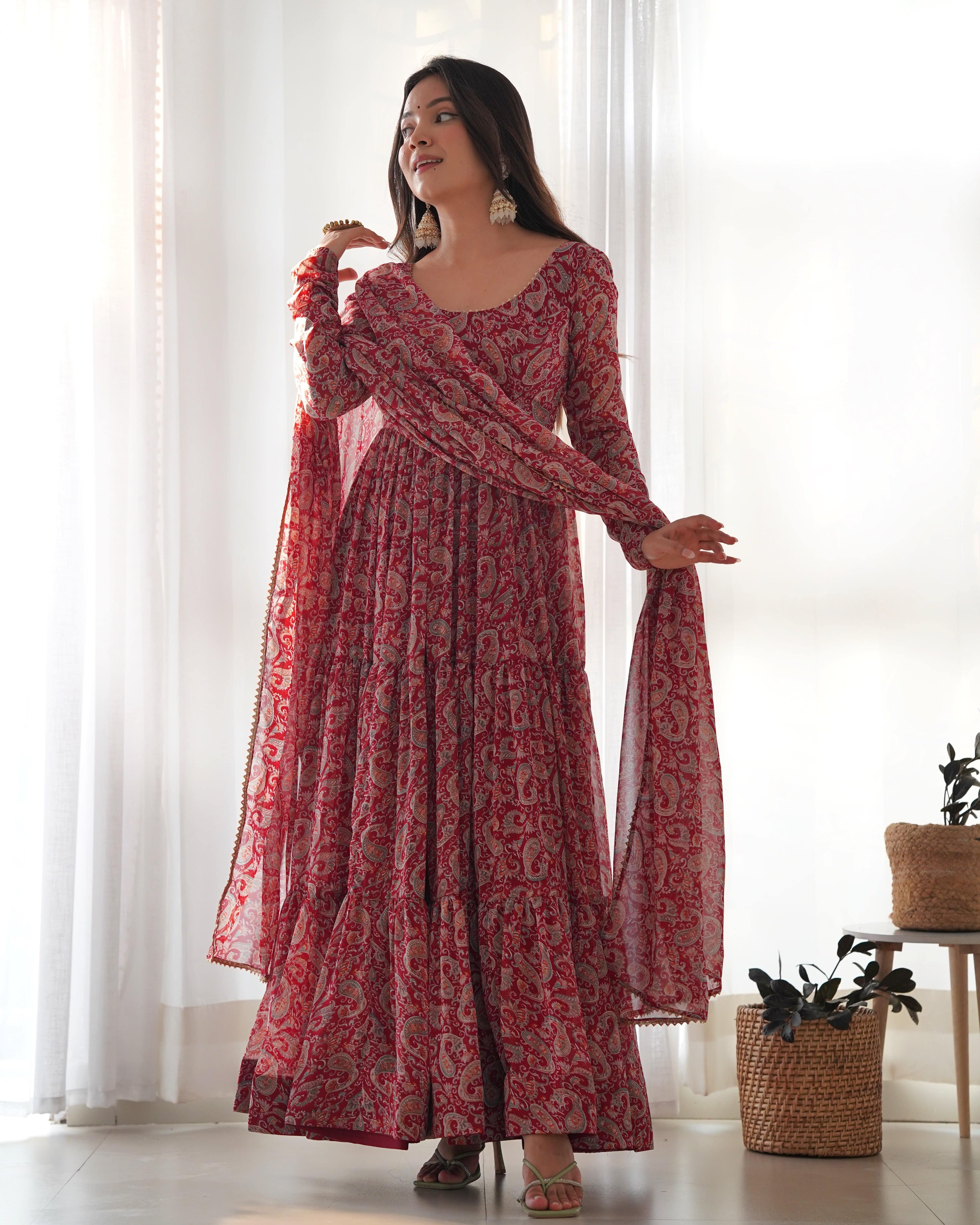 Pure Soft Fox Georgette Kalamkari Print Fabric Fully Flared Anarkali with Dupatta Set and Pants, Ready to Wear