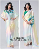 Pastel Rainbow Freehand Saree with Peacock Feather Print in Georgette Satin – Ready to Wear Designer Drape