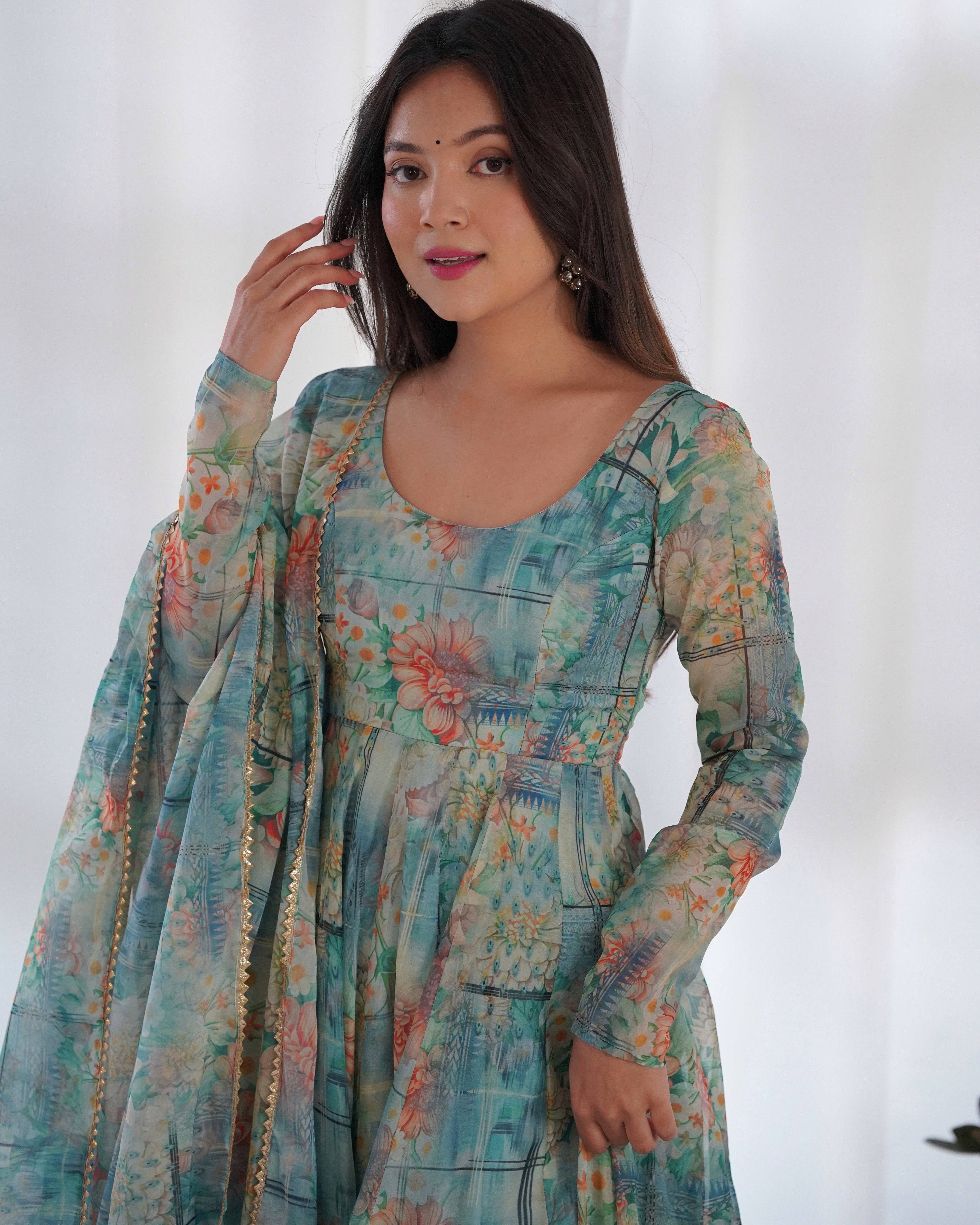 Vibrant Lightweight Anarkali Dress: Pure Soft Organza Silk, Fully Flared Kali Pattern with Dupatta and Pants ā Perfect for Summer Festivities!