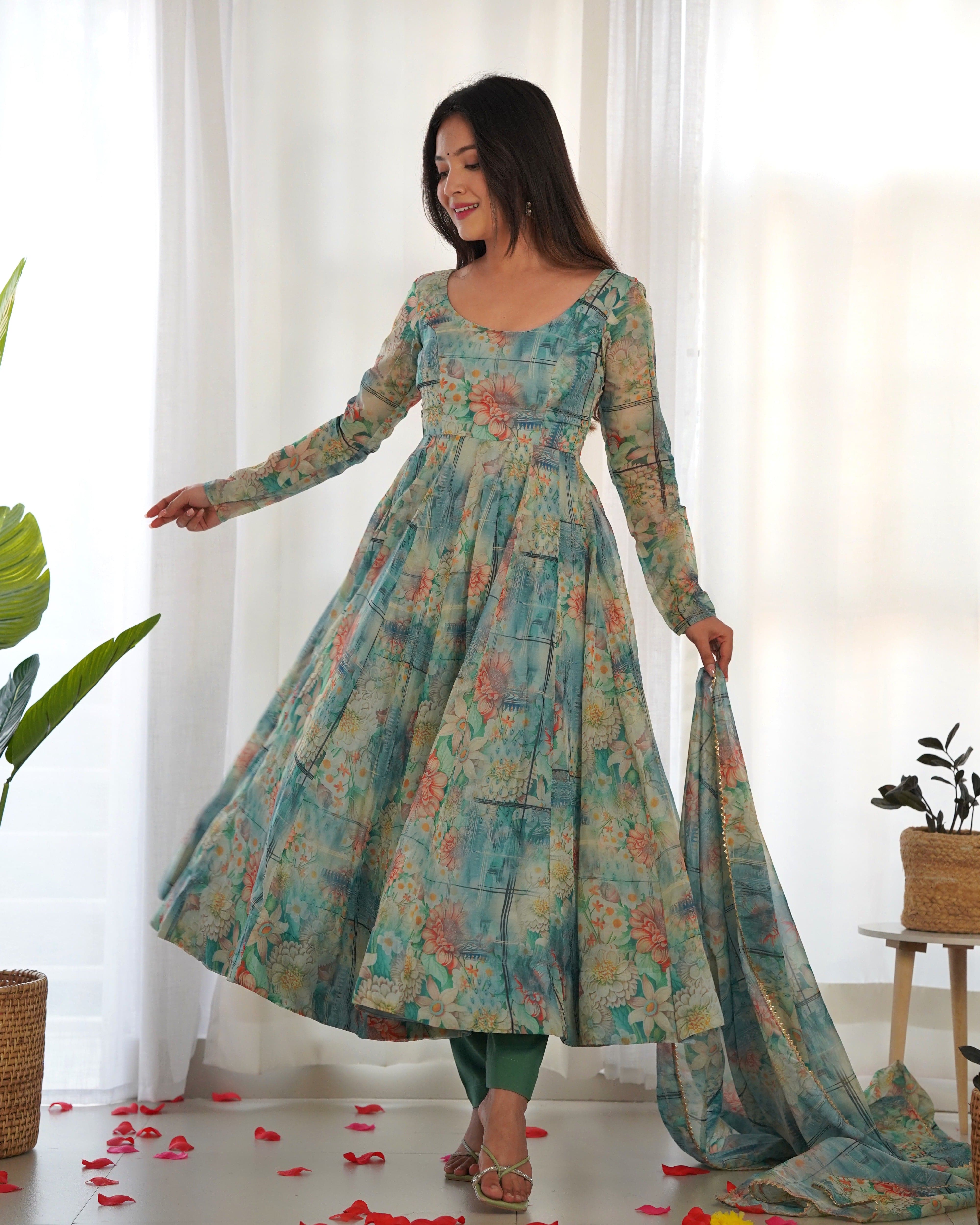 Vibrant Lightweight Anarkali Dress: Pure Soft Organza Silk, Fully Flared Kali Pattern with Dupatta and Pants ā Perfect for Summer Festivities!