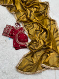 "Elegant Golden Silk Saree with Maroon Embroidered Blouse – Perfect for Weddings and Festive Occasions"