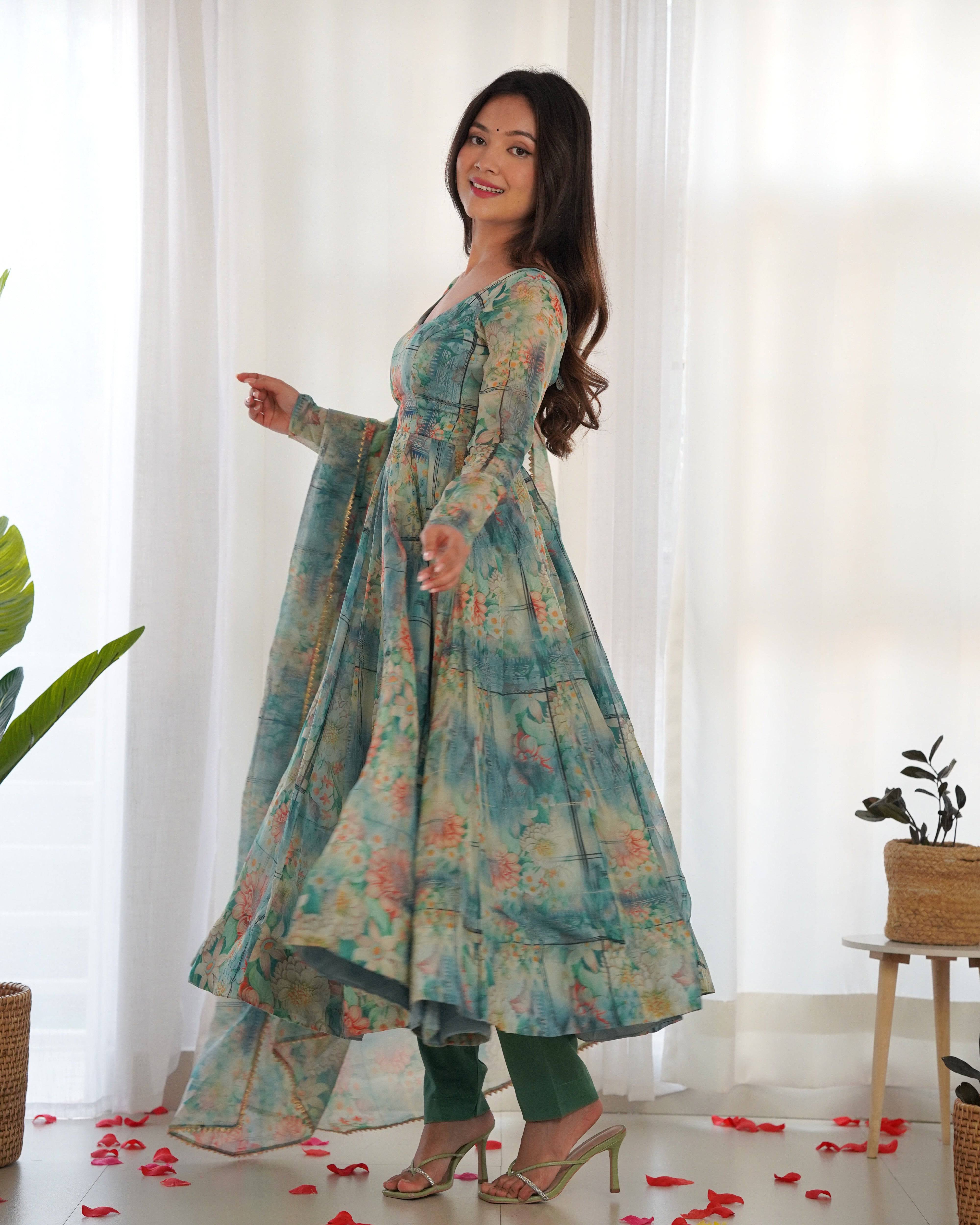 Vibrant Lightweight Anarkali Dress: Pure Soft Organza Silk, Fully Flared Kali Pattern with Dupatta and Pants ā Perfect for Summer Festivities!