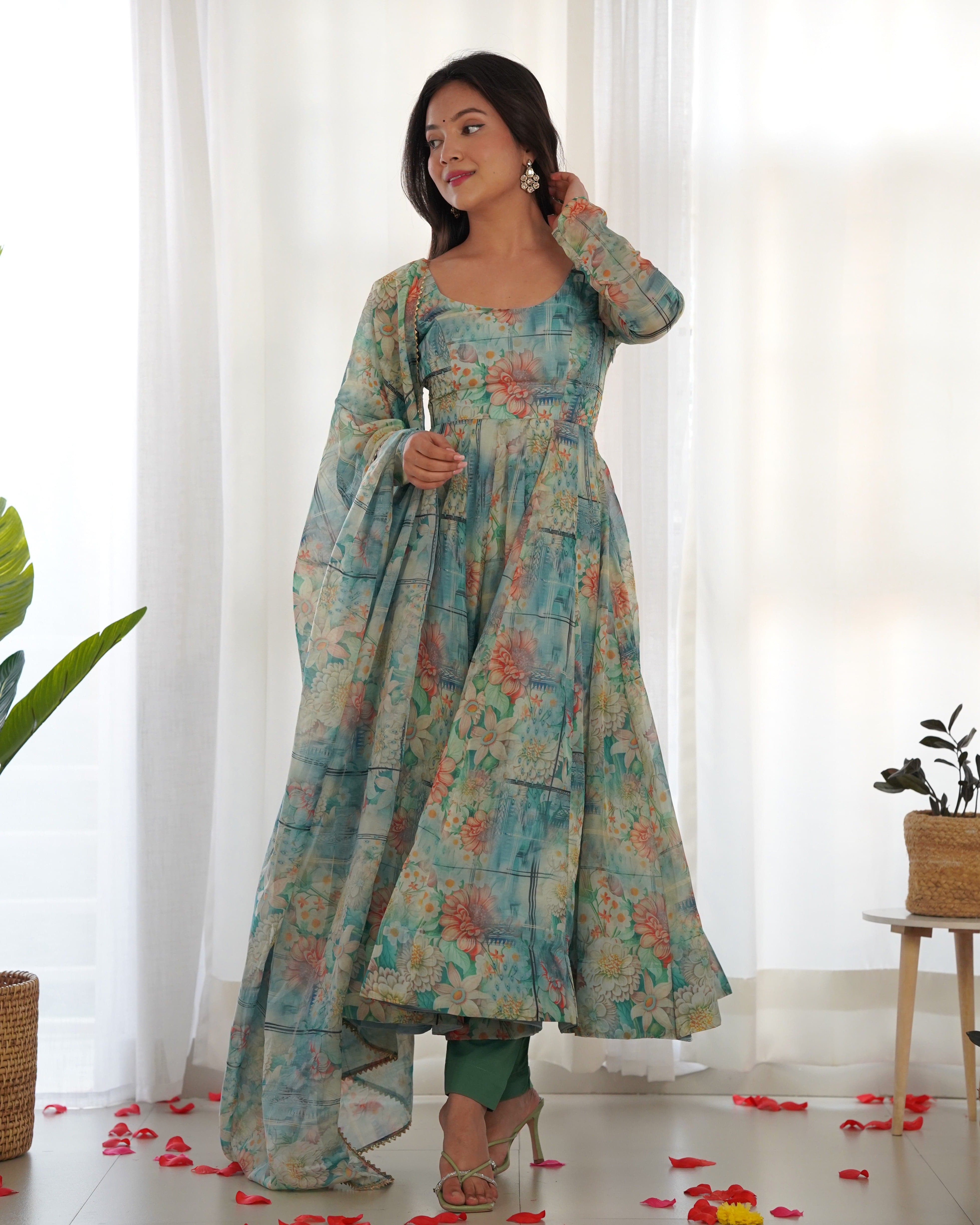 Vibrant Lightweight Anarkali Dress: Pure Soft Organza Silk, Fully Flared Kali Pattern with Dupatta and Pants ā Perfect for Summer Festivities!
