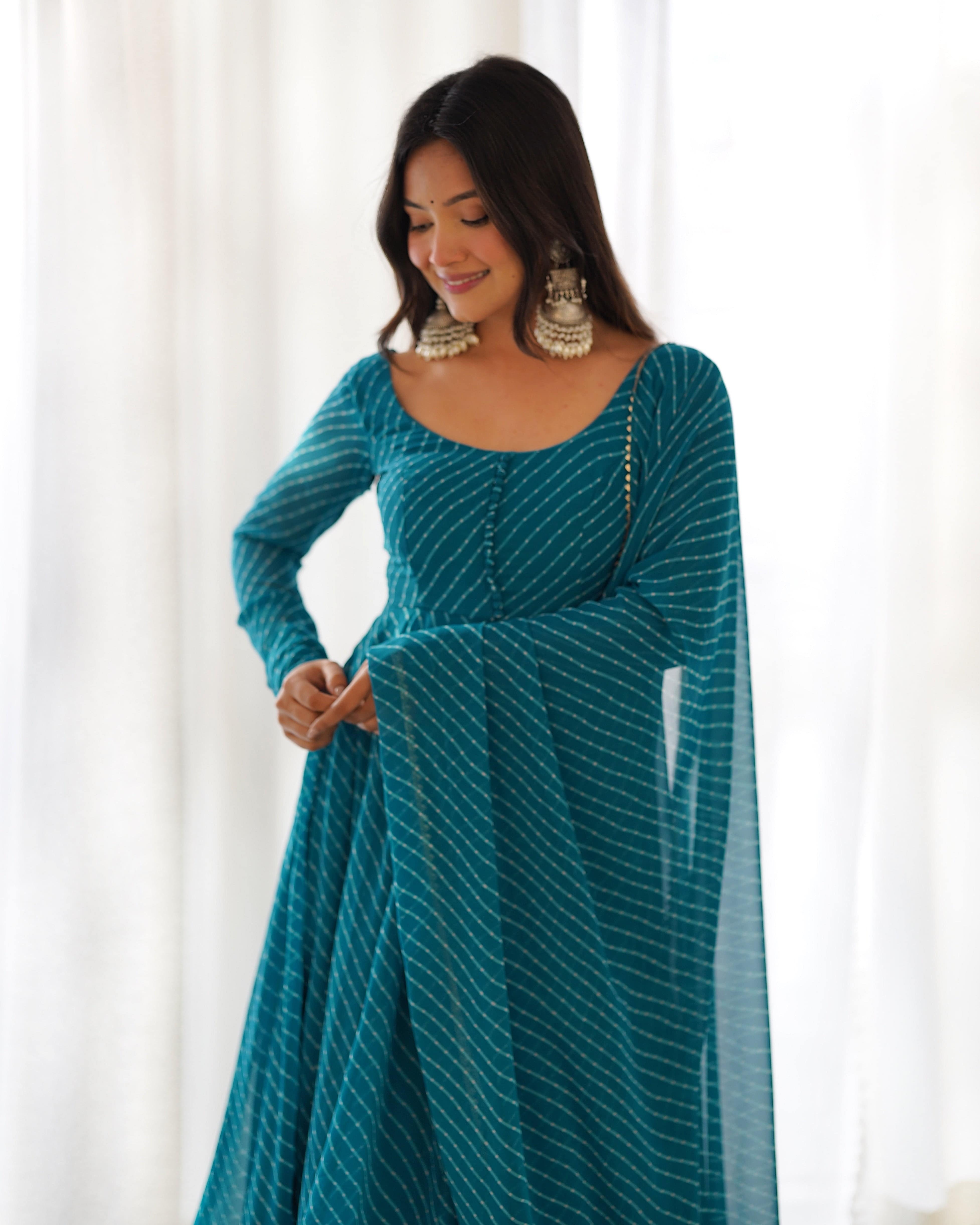 High-End Laheriya Print Anarkali Set with Dupatta & Pants ā Perfect for Summer Weddings