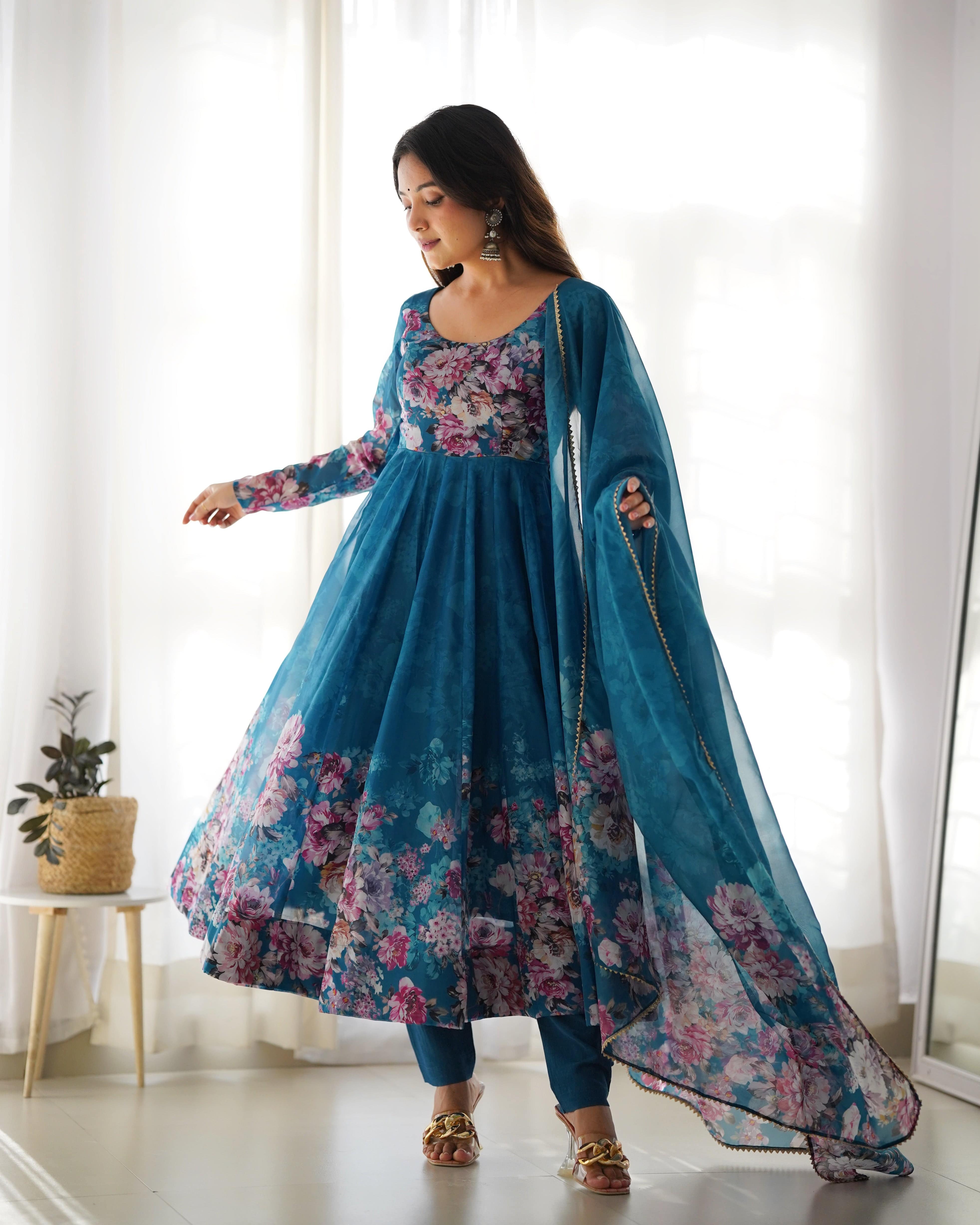 Colorful Lightweight Organza Silk Anarkali Set with Dupatta & Pants ā Perfect for Festivities!